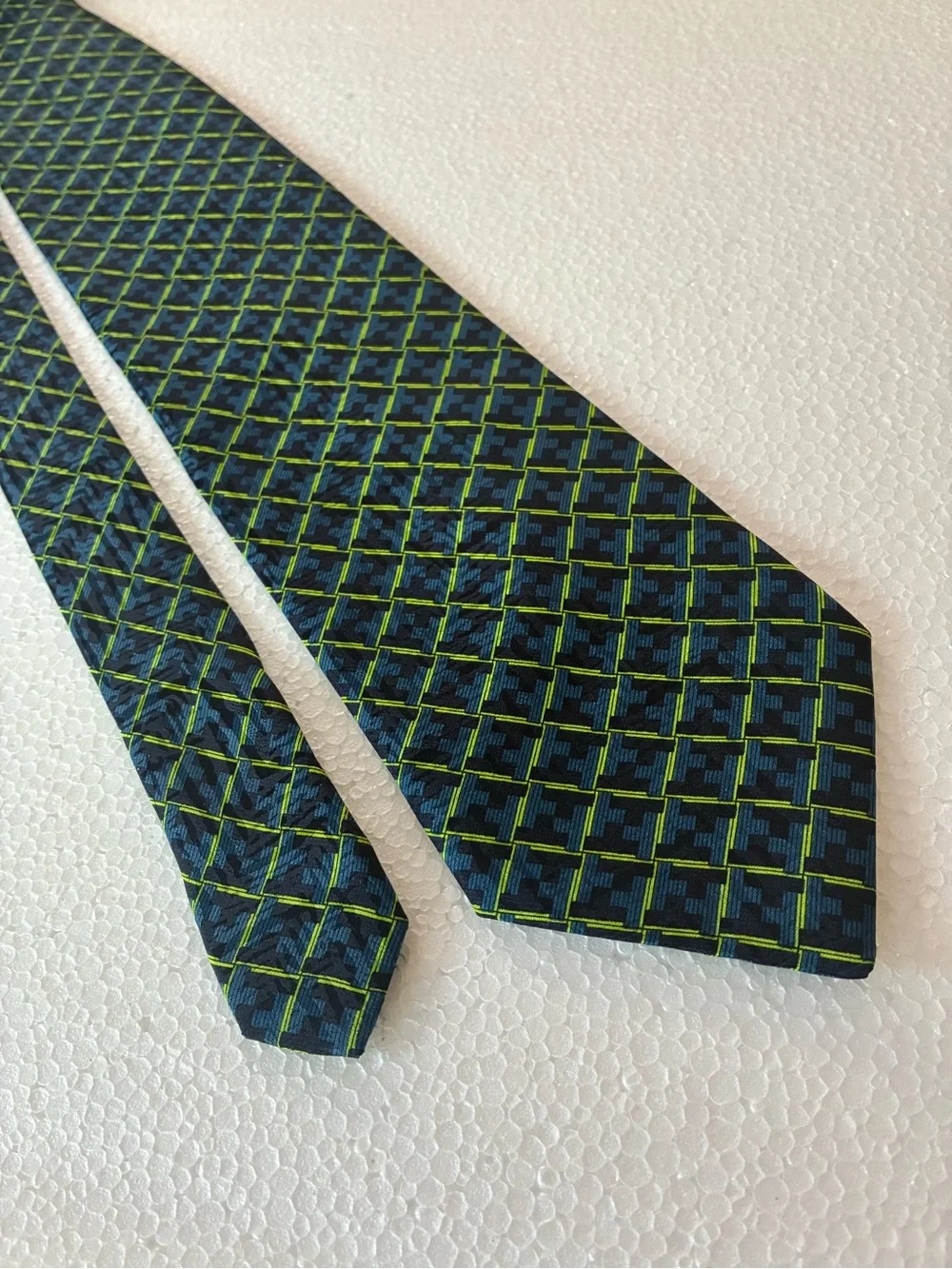 Conte di Milano 100% Silk Navy Tie with Bright Lime Geometric Grid